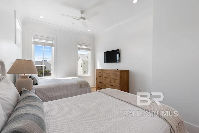 bedroom with crown molding, ceiling fan, and recessed lighting