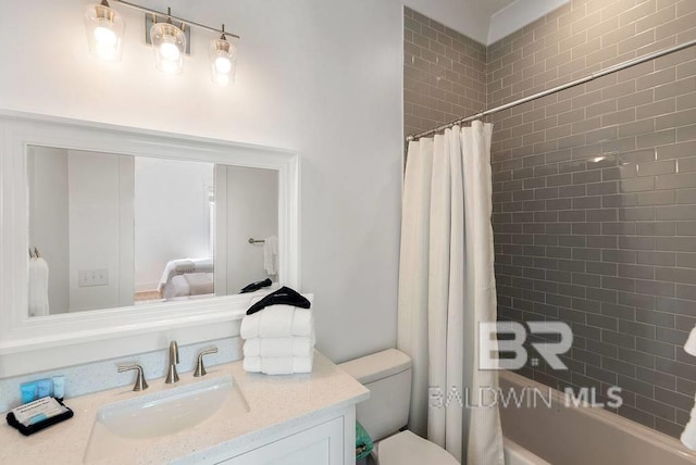 full bathroom with toilet, vanity, connected bathroom, and shower / bathtub combination with curtain