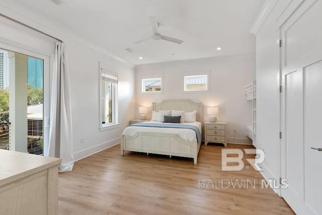 bedroom featuring baseboards, ornamental molding, ceiling fan, light wood-type flooring, and access to exterior