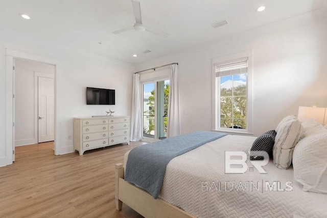 bedroom with light wood-style flooring, visible vents, ceiling fan, access to outside, and recessed lighting