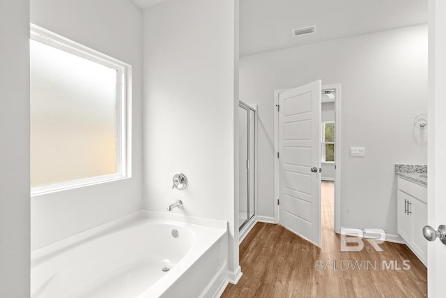 full bathroom with a bath, vanity, wood finished floors, and a wealth of natural light