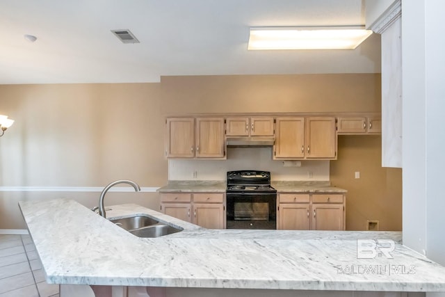 kitchen with a sink, visible vents, under cabinet range hood, black electric range, and light brown cabinets