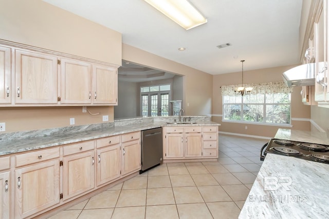 kitchen featuring light brown cabinetry, under cabinet range hood, stainless steel dishwasher, light tile patterned flooring, and a peninsula