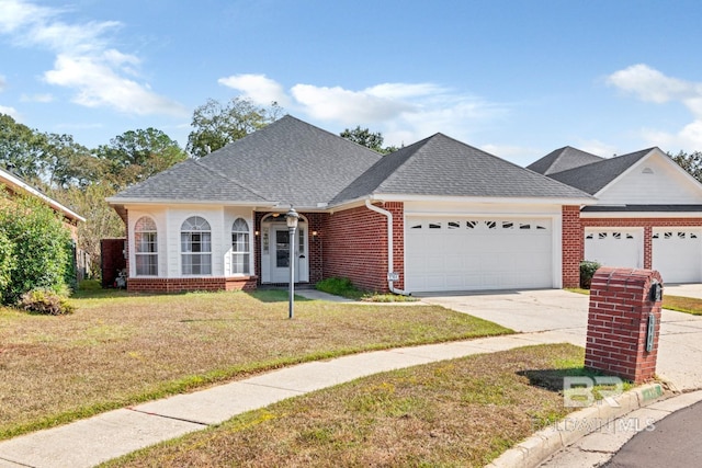 single story home with driveway, brick siding, a garage, a shingled roof, and a front yard