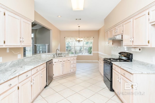 kitchen featuring a sink, a peninsula, dishwasher, under cabinet range hood, and black range with electric cooktop