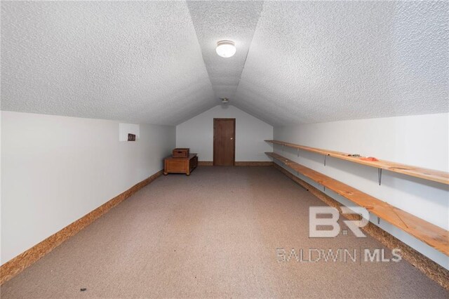 additional living space featuring a textured ceiling, carpet floors, and lofted ceiling