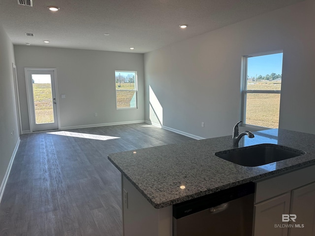 13729 Shea Cir, Foley, AL 36535 - kitchen featuring a sink, stainless steel dishwasher, light stone counters, dark wood-style floors, and recessed lighting