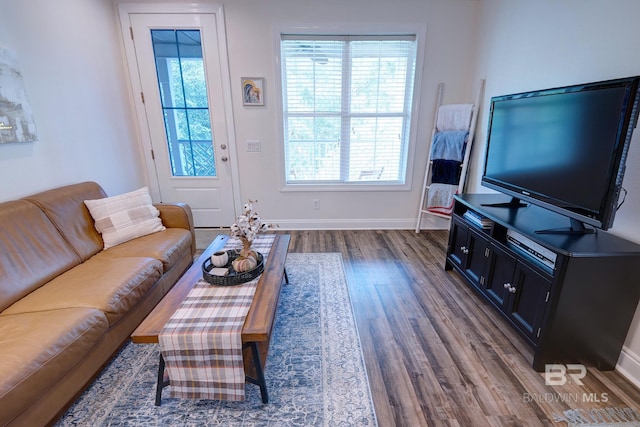 living room with dark hardwood / wood-style flooring