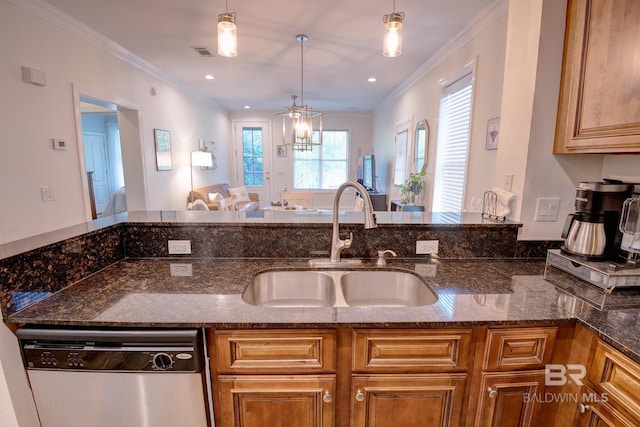 kitchen featuring dishwasher, dark stone counters, hanging light fixtures, and ornamental molding