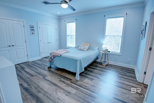 bedroom featuring ornamental molding, multiple closets, ceiling fan, and dark hardwood / wood-style floors