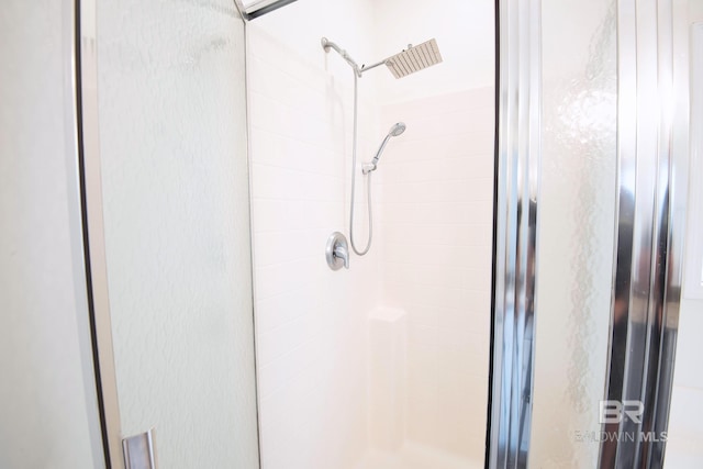 bathroom with a shower with door