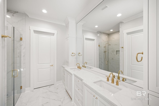 bathroom featuring vanity, walk in shower, and crown molding