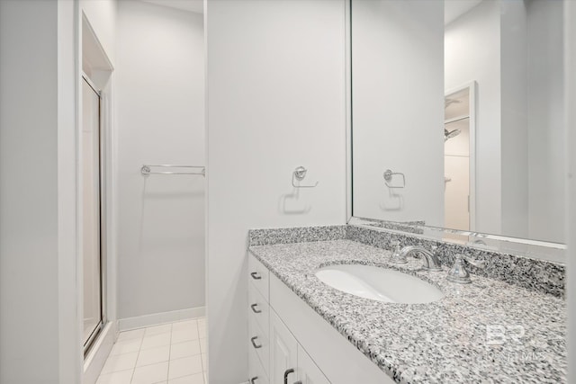 bathroom with tile patterned floors, vanity, and an enclosed shower