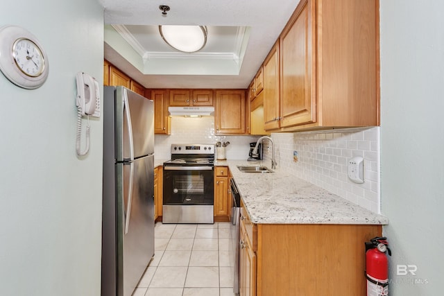 24160 Perdido Beach Blvd Unit 2073, Orange Beach, AL 36561 - kitchen with decorative backsplash, stainless steel appliances, crown molding, and sink