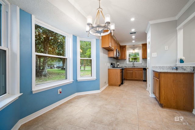 kitchen with light stone counters, crown molding, an inviting chandelier, decorative light fixtures, and black electric range oven