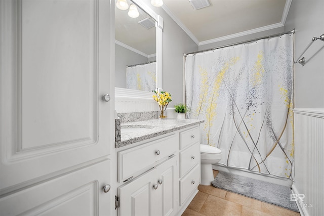 bathroom with vanity, ornamental molding, curtained shower, tile patterned floors, and toilet