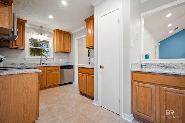 kitchen with dishwasher, a textured ceiling, light stone counters, hanging light fixtures, and crown molding