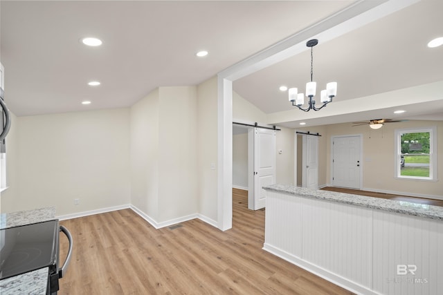 1096 S Pine St, Loxley, AL 36551 - kitchen featuring a barn door, a chandelier, light wood-style floors, a ceiling fan, and recessed lighting