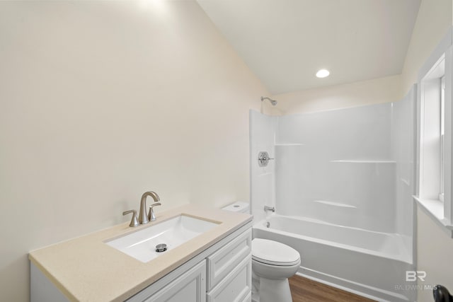 1096 S Pine St, Loxley, AL 36551 - full bathroom with vanity, shower / tub combination, wood finished floors, and recessed lighting
