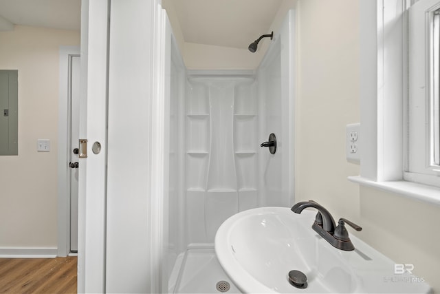 1096 S Pine St, Loxley, AL 36551 - bathroom with a shower, wood finished floors, and electric panel