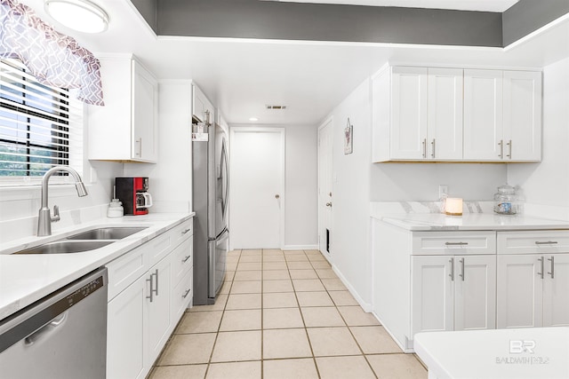 kitchen featuring stainless steel appliances, sink, and white cabinets