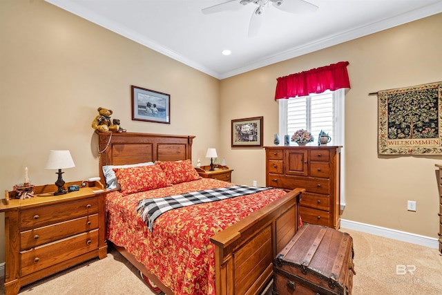 bedroom featuring ornamental molding, carpet floors, and ceiling fan