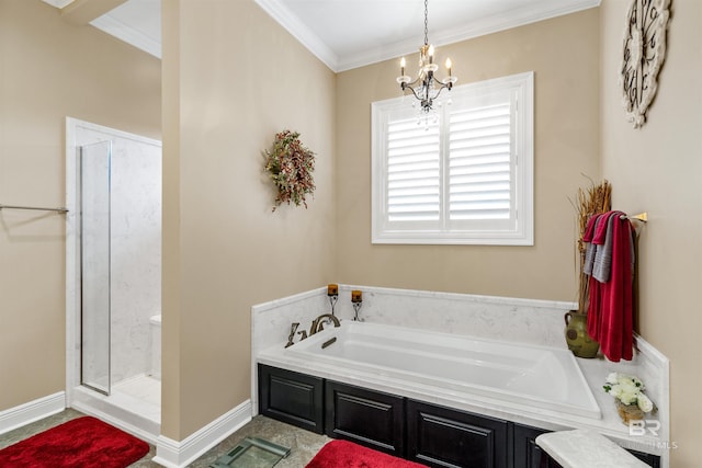 bathroom featuring a notable chandelier, crown molding, and independent shower and bath