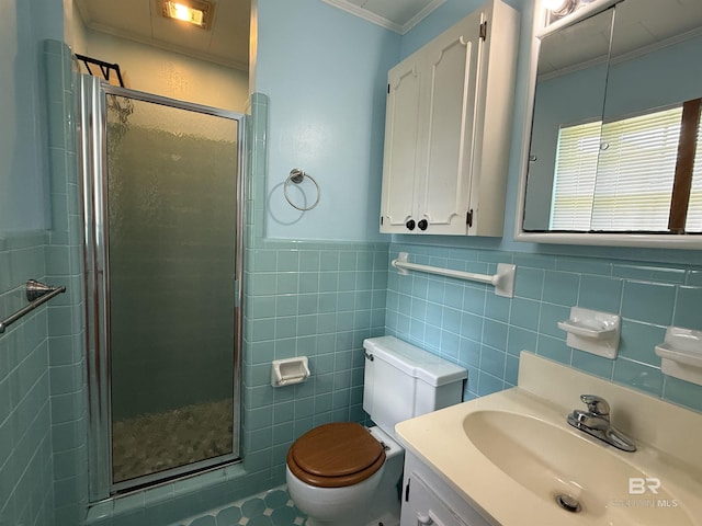 215 W Palm Ave, Foley, AL 36535 - bathroom featuring a shower stall, ornamental molding, vanity, tile walls, and tile patterned floors