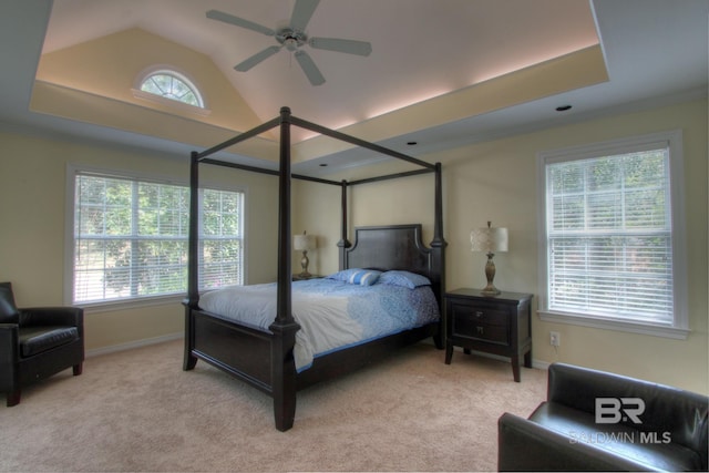 bedroom featuring light carpet, high vaulted ceiling, crown molding, and baseboards