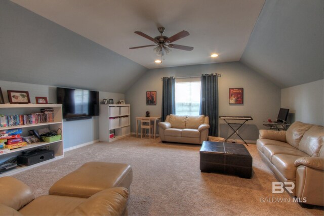 living room with ceiling fan, recessed lighting, light carpet, baseboards, and vaulted ceiling