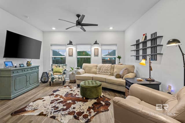 4142 Montague Dr, Gulf Shores, AL 36542 - living room with light wood-style flooring, a ceiling fan, and recessed lighting