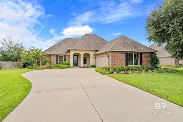 view of front of property featuring a garage and a front lawn