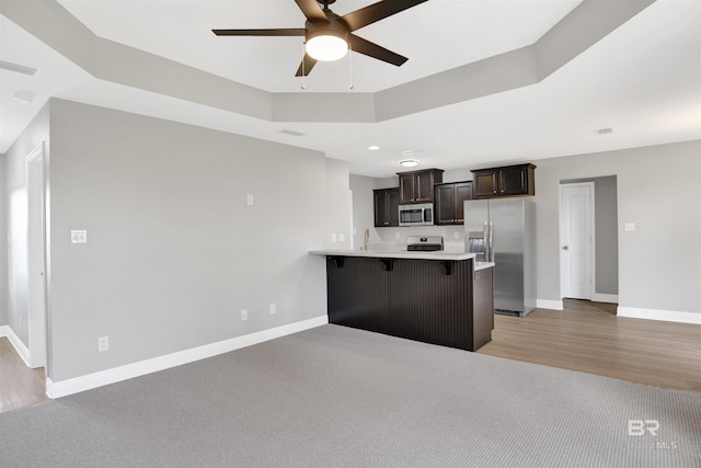 16529 Cold Mill Loop, Foley, AL 36535 - kitchen featuring appliances with stainless steel finishes, a breakfast bar area, a ceiling fan, a peninsula, and light countertops