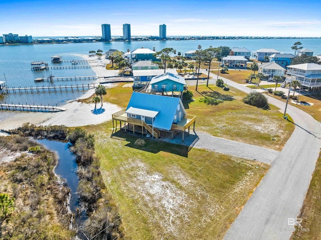 drone / aerial view featuring a water view