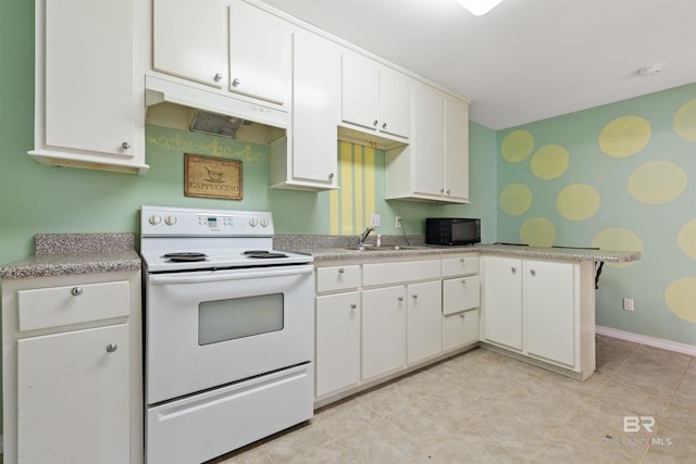 kitchen featuring white range with electric cooktop, kitchen peninsula, white cabinets, and sink