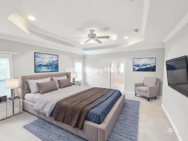 306 S Tee Dr, Fairhope, AL 36532 - bedroom with a tray ceiling, multiple windows, light carpet, recessed lighting, and connected bathroom