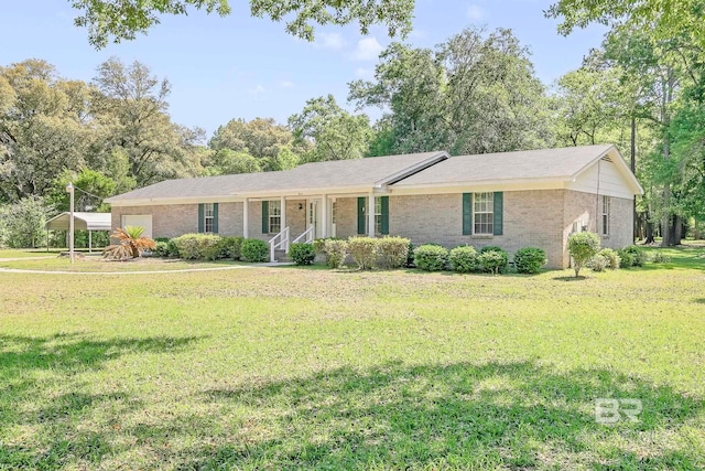 ranch-style house with a front yard, a porch, and brick siding