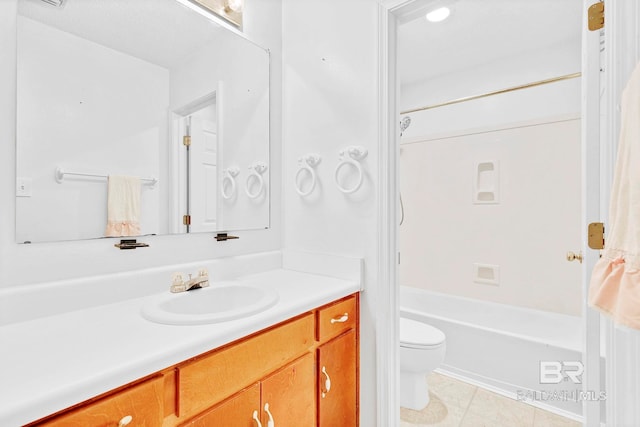 full bath featuring tile patterned flooring, toilet, shower / bathtub combination, and vanity