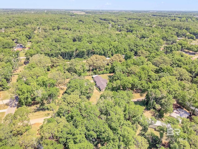 birds eye view of property featuring a wooded view