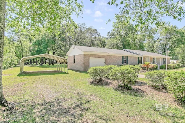exterior space with an attached garage, a carport, brick siding, and a front yard