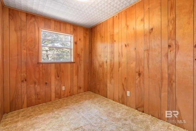 unfurnished room featuring wooden walls and carpet