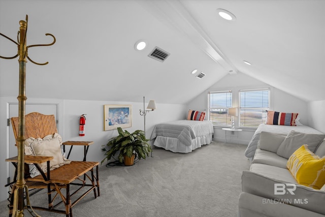 carpeted bedroom with lofted ceiling with beams