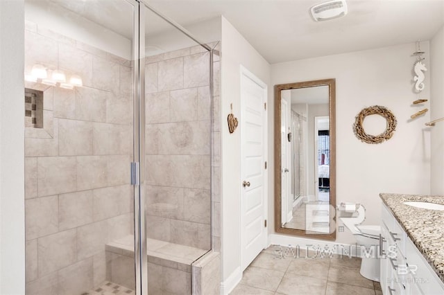 ensuite bathroom featuring visible vents, toilet, tile patterned floors, vanity, and a shower stall