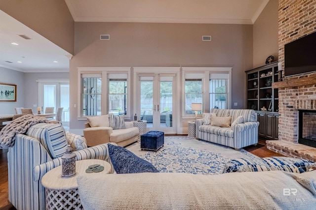 living room featuring crown molding, plenty of natural light, and a fireplace