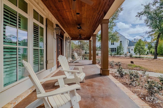 view of patio / terrace featuring ceiling fan and covered porch