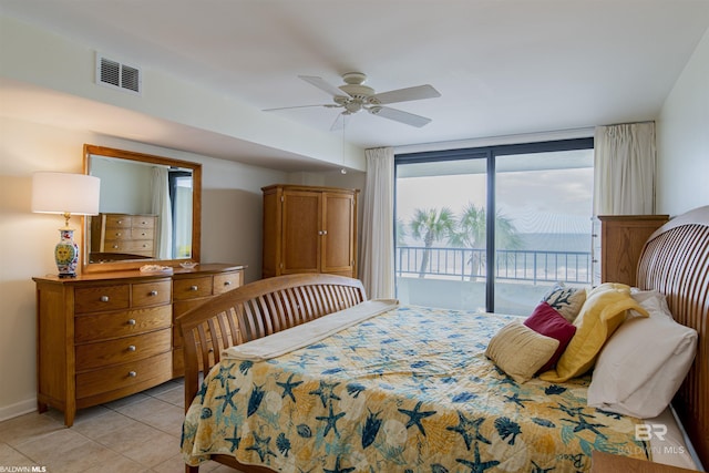 bedroom with visible vents, access to outside, light tile patterned floors, baseboards, and ceiling fan