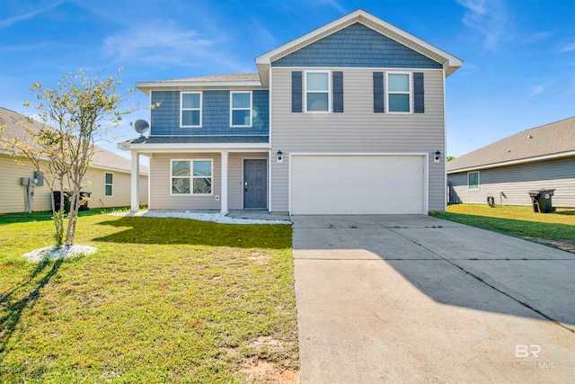 view of property featuring a garage and a front yard