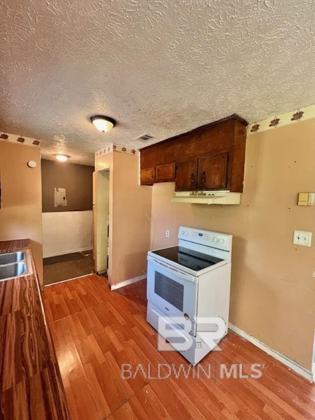 208 Lee St, Atmore, AL 36502 - kitchen featuring a textured ceiling, wood finished floors, electric stove, and under cabinet range hood