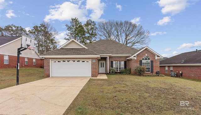 ranch-style house with concrete driveway, brick siding, an attached garage, and a front lawn