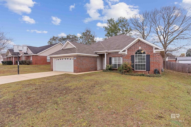 ranch-style house featuring fence, a front lawn, concrete driveway, and brick siding